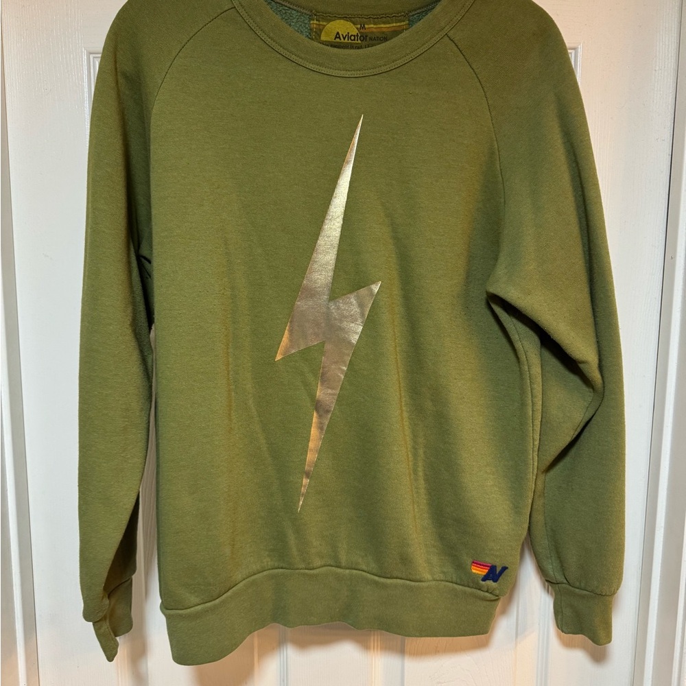 Aviator Nation Olive Crewneck with Silver Lightning Bolt